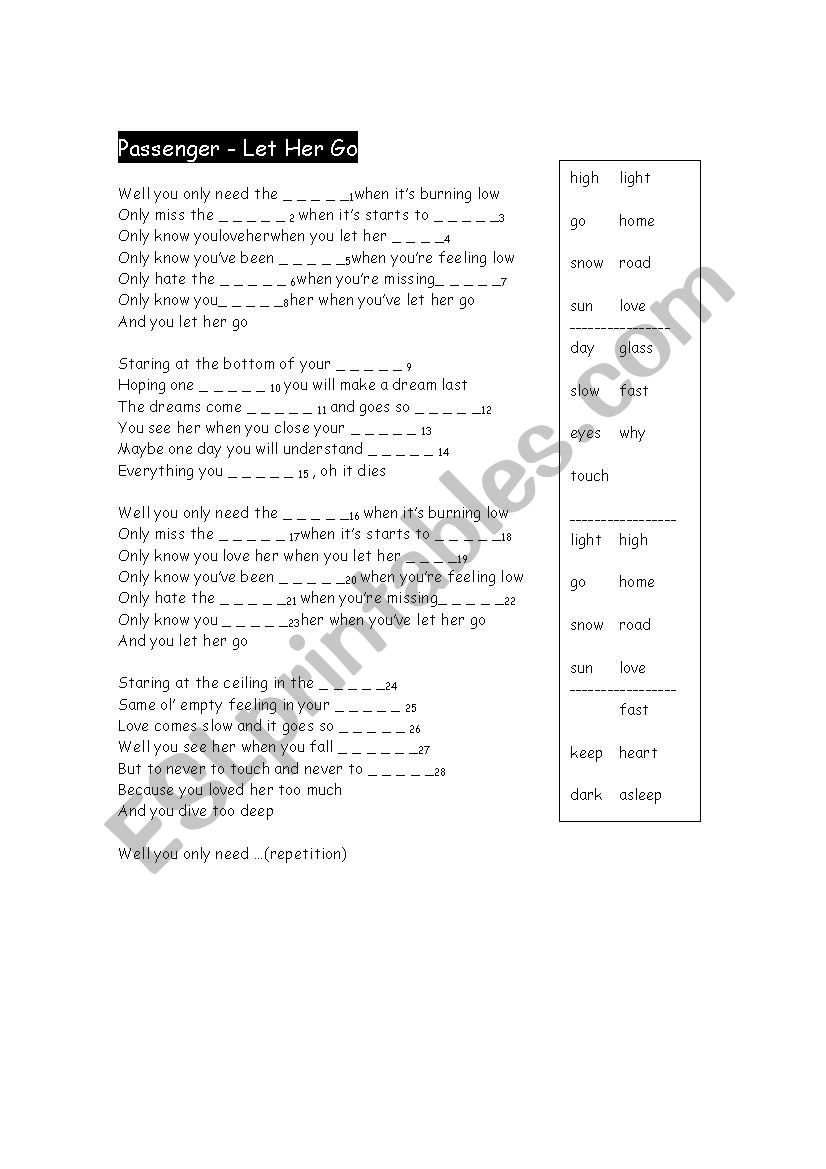 Let Her Go worksheet