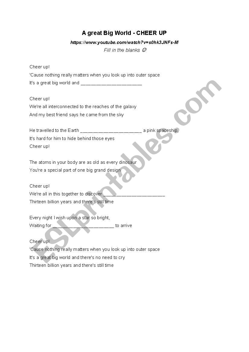 Cheer up by A Great Big World - lyrics - fill in blanks + find the mistakes