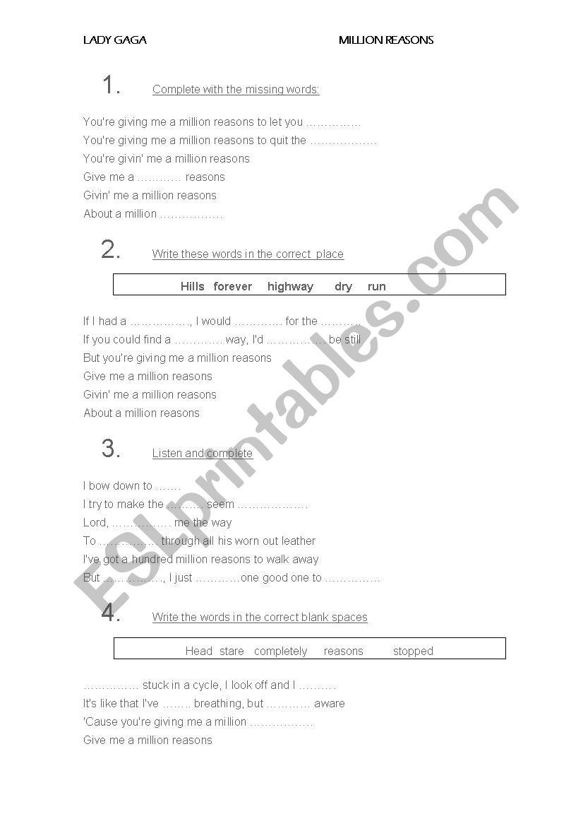 Million reason Lady Gaga worksheet