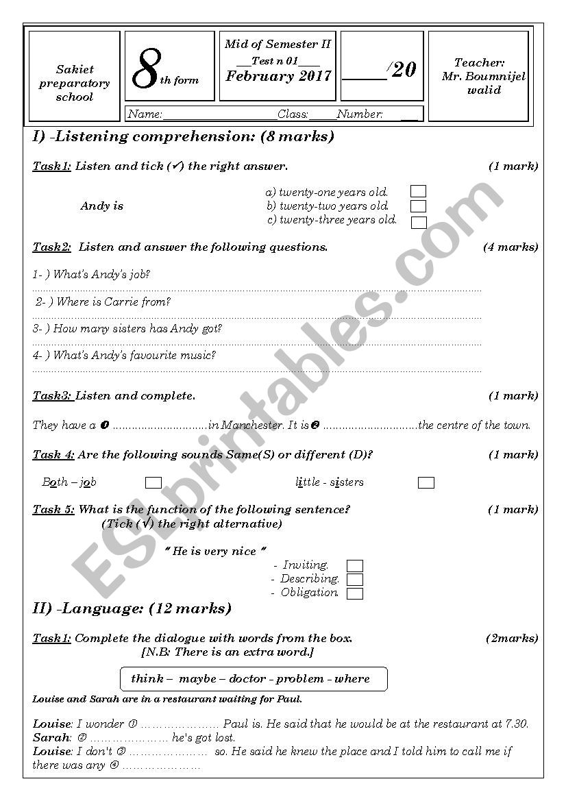 Mid of semester II test 8th form