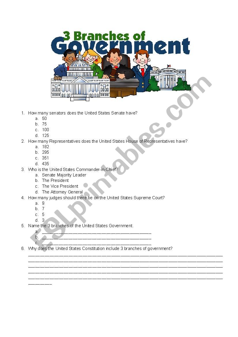 3 Branches of Government worksheet