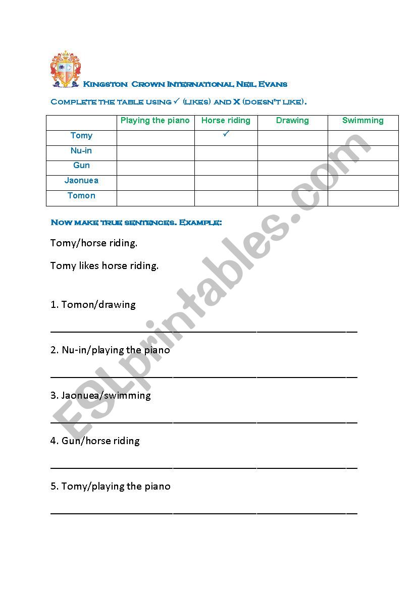 Likes worksheet