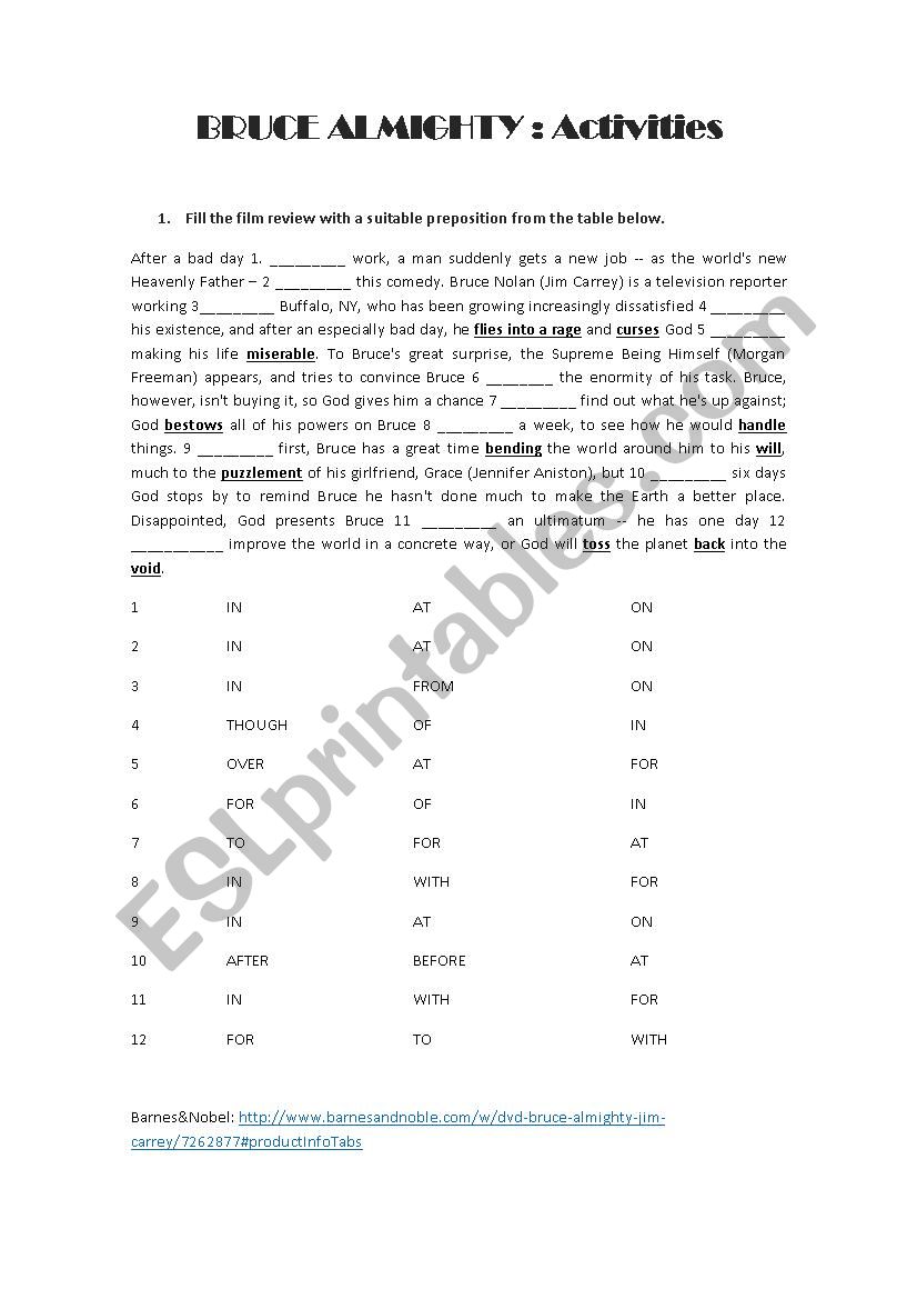 Bruce Almighty Activities worksheet