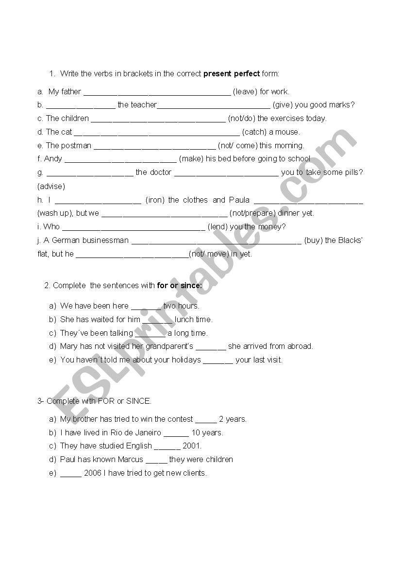 Exercises : Present Perfect.  worksheet