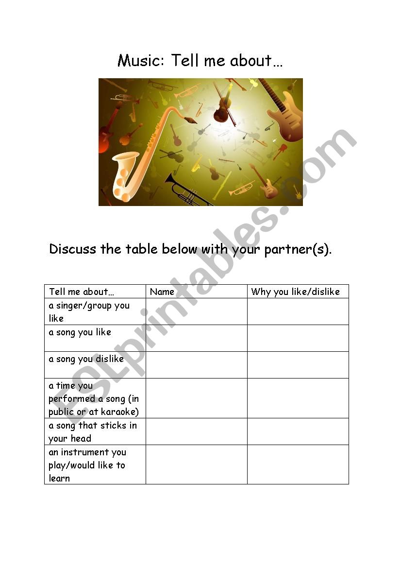 Music Discussion Table worksheet