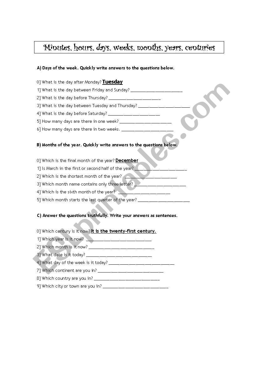 days, months, years worksheet