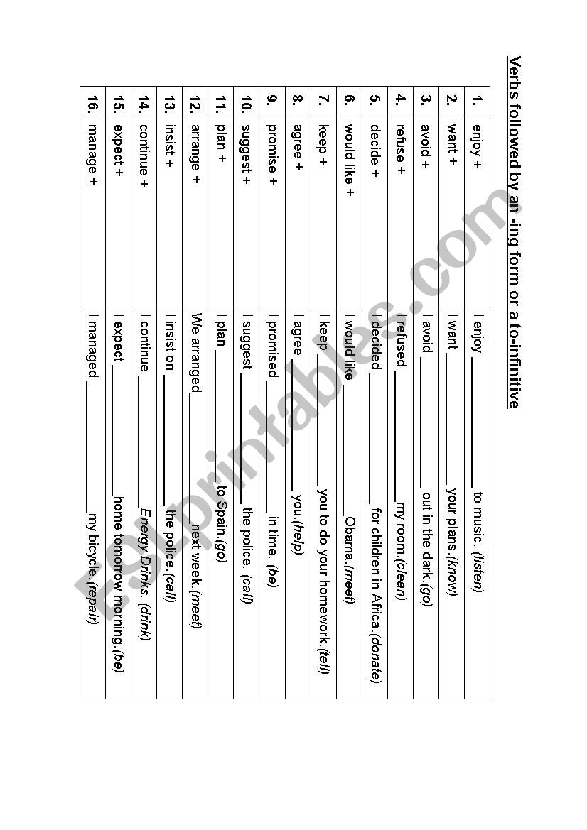 verb + ing or verb + to worksheet