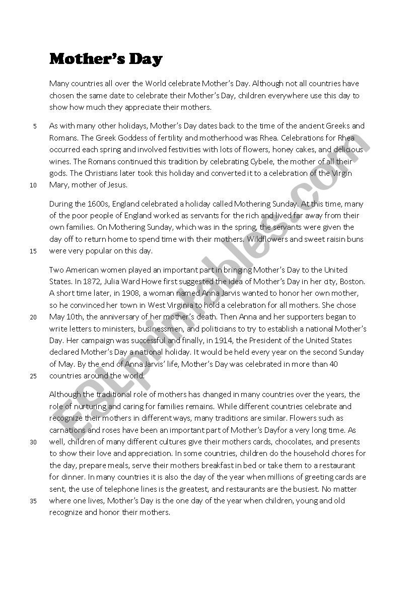 theme: mothersÂ´ day- reading and follow up vocabulary activities