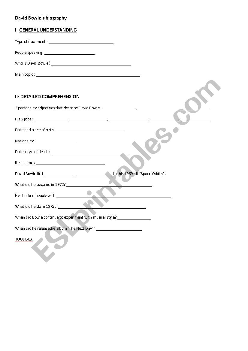 David Bowie Bio worksheet