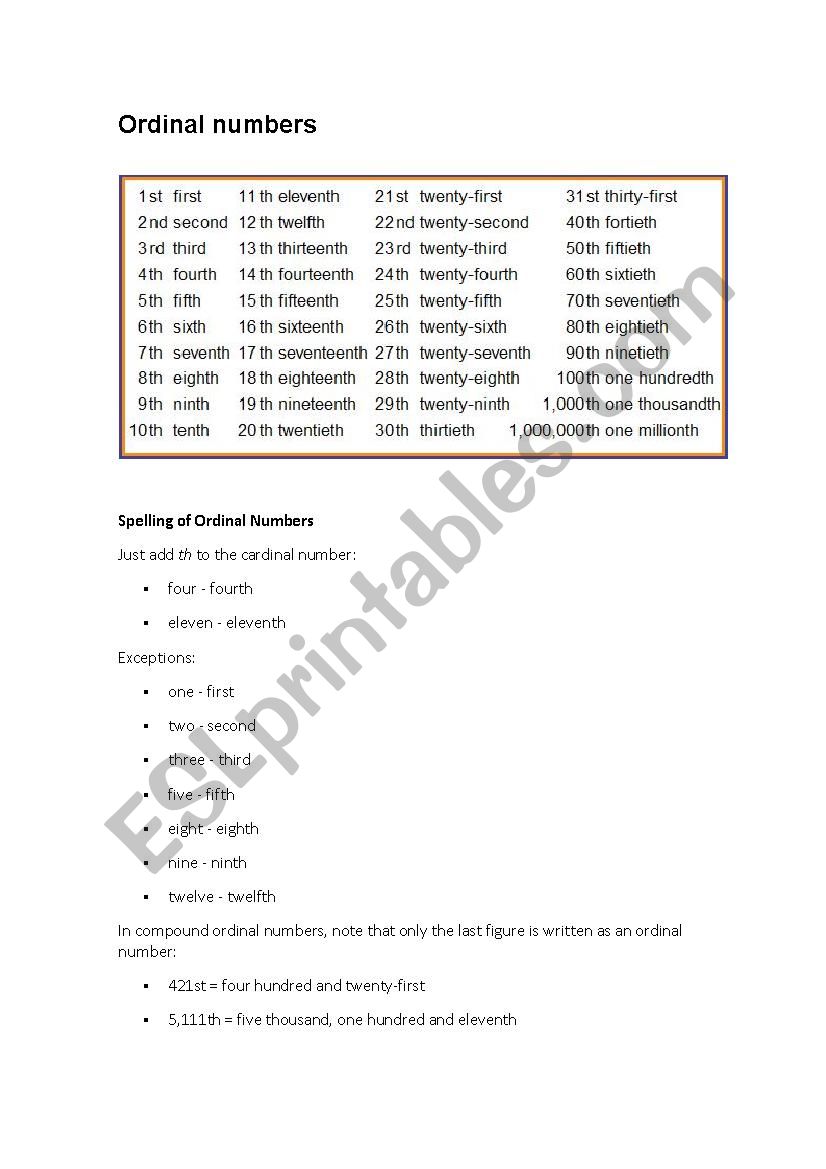 Ordinal numbers worksheet