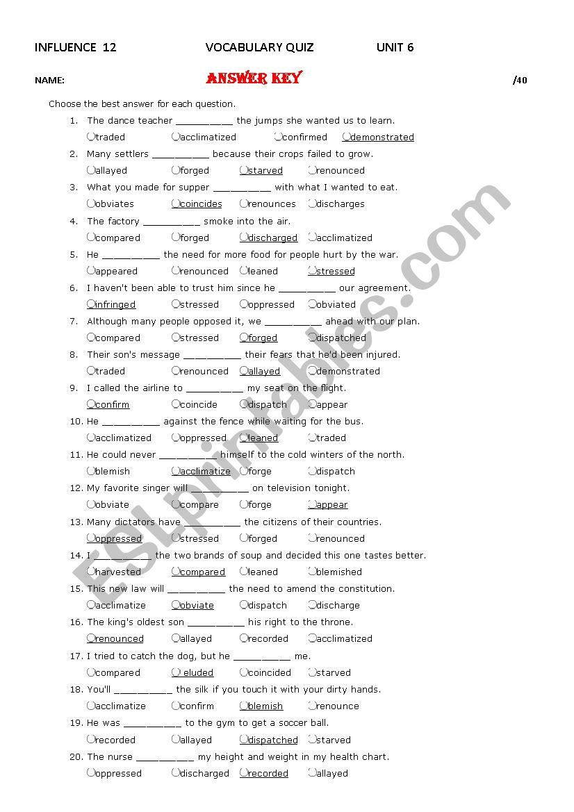 Influence 12 Unit 6 Vocabulary Quiz