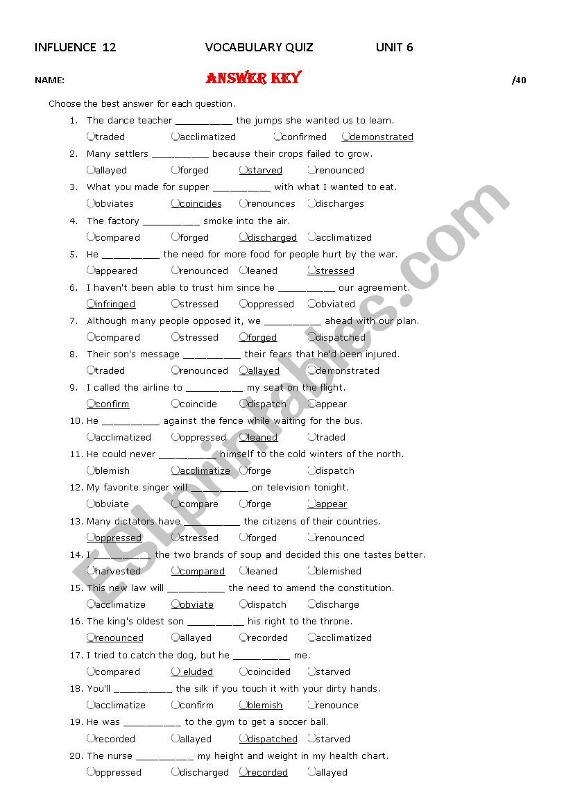 Influence 12 Unit 6 Vocabulary Quiz