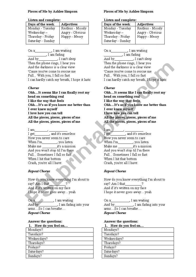 Pieces of me worksheet