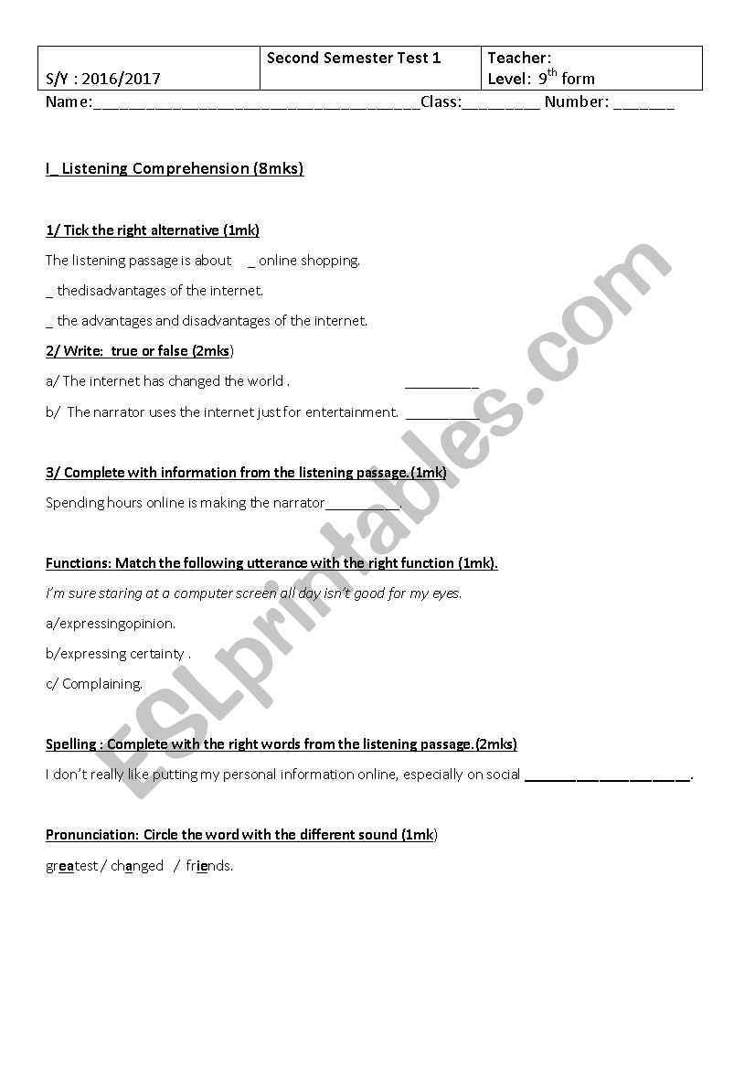 9th form Second Semester Test 1 