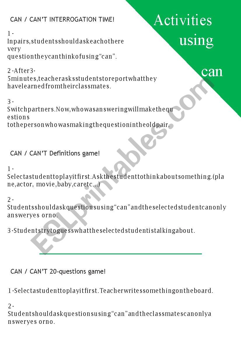 Activity using Can worksheet