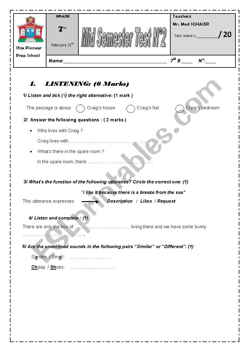 Sfax Pioneer Prep School Mid Semester 2 Test N1