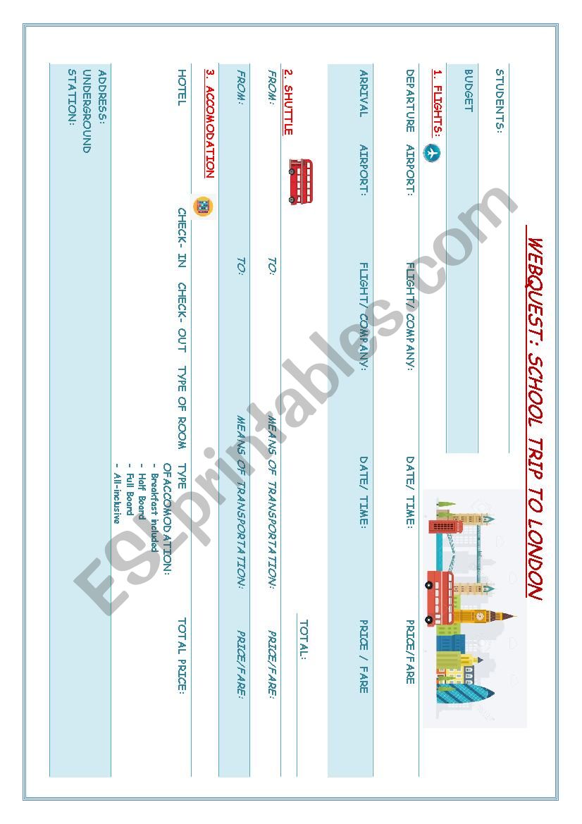 TRIP TO LONDON WEBQUEST worksheet