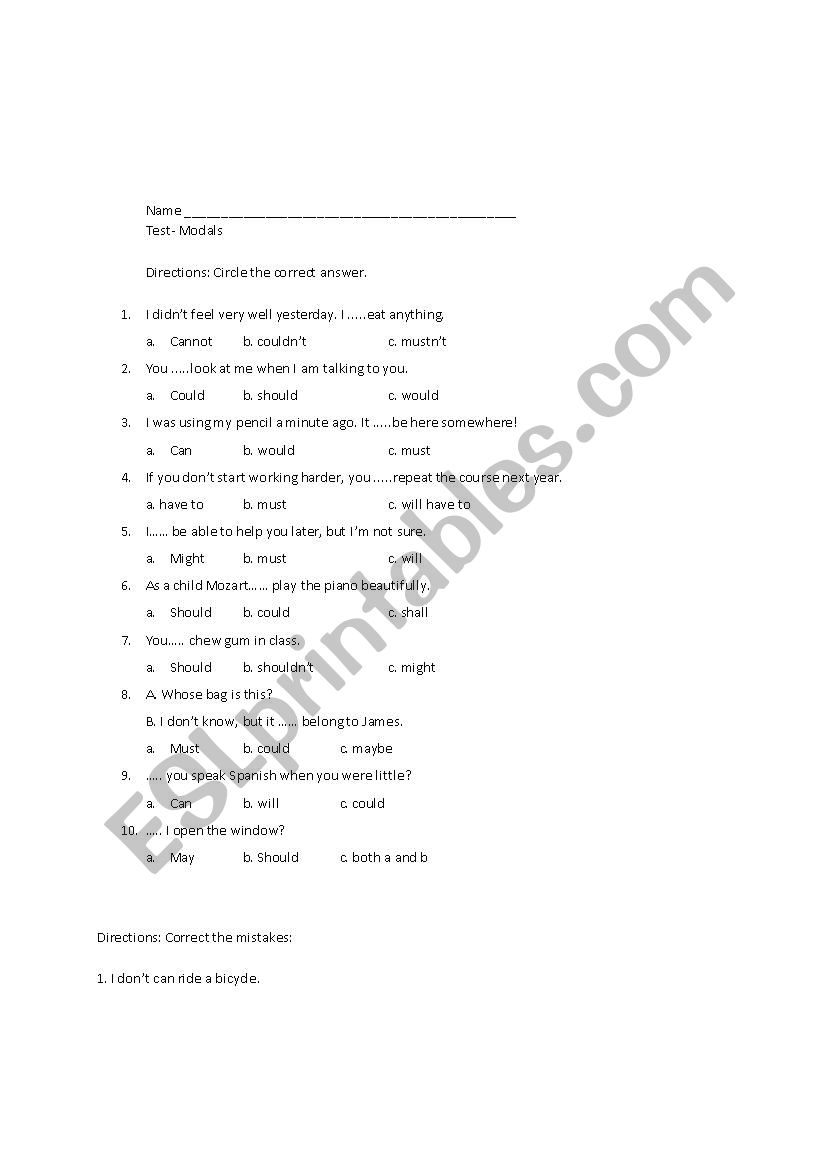 Test on Modals  worksheet