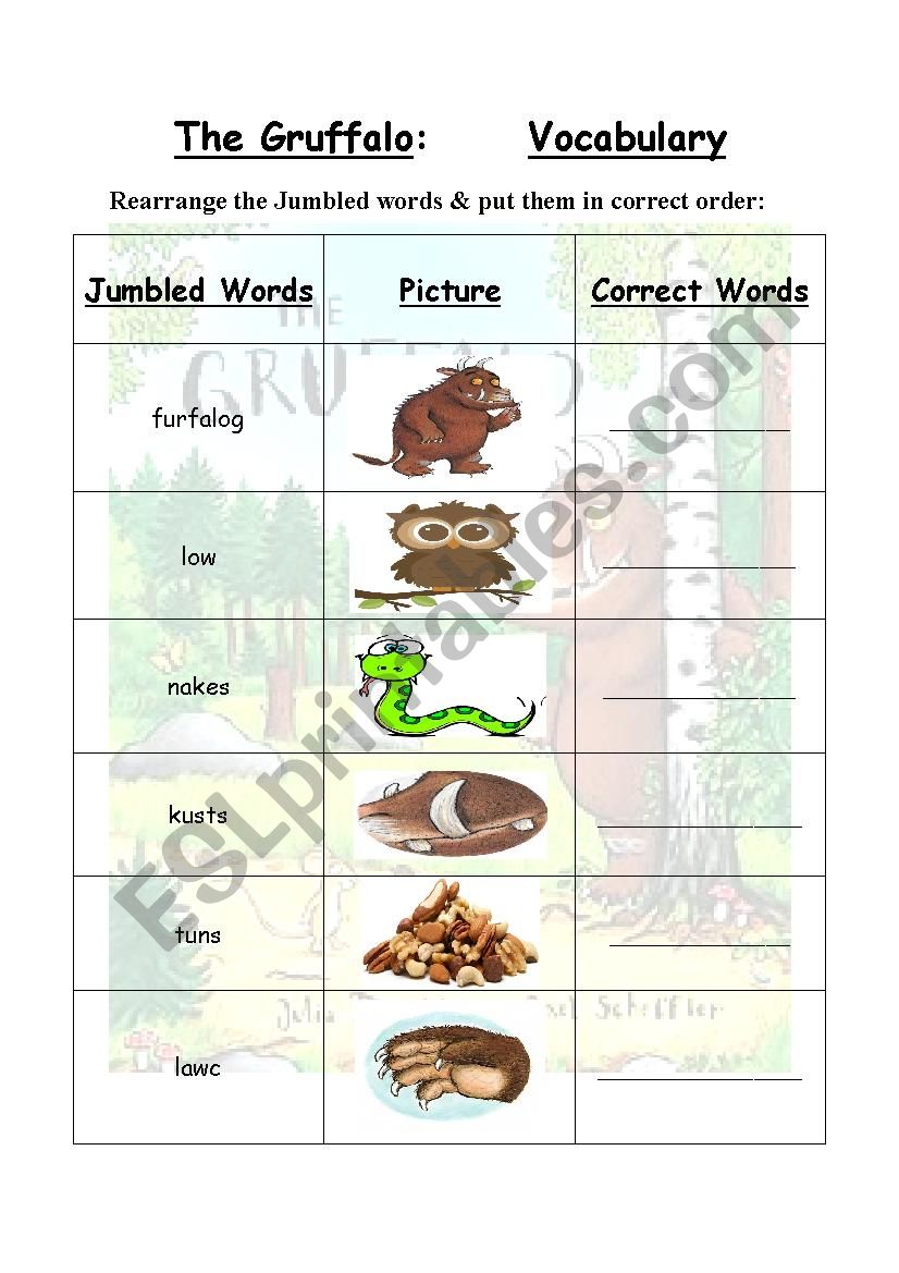 The Gruffalo- Vocaubalary WS worksheet