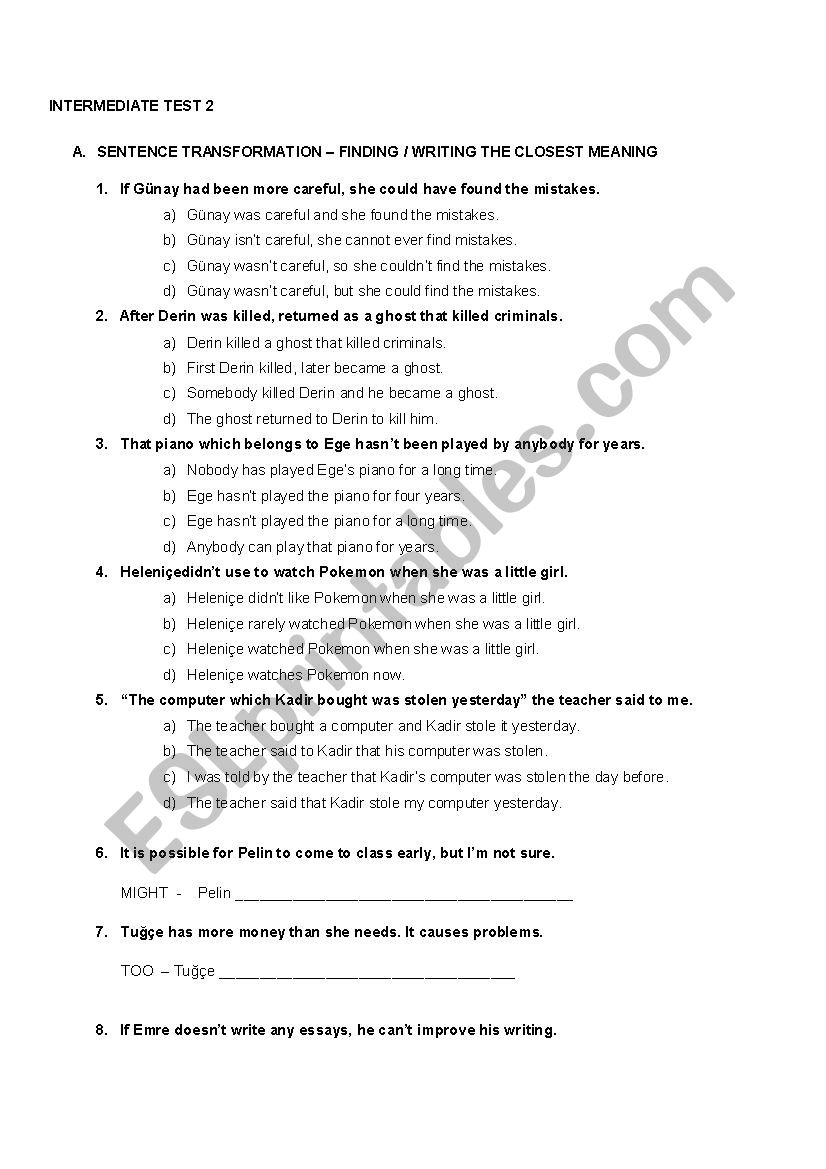 Intermediate Revision - Sentence Transformation, Use of English