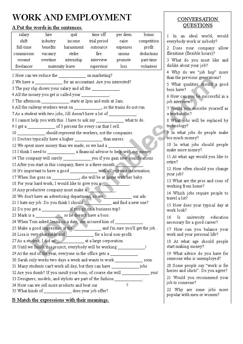 Work and employment worksheet