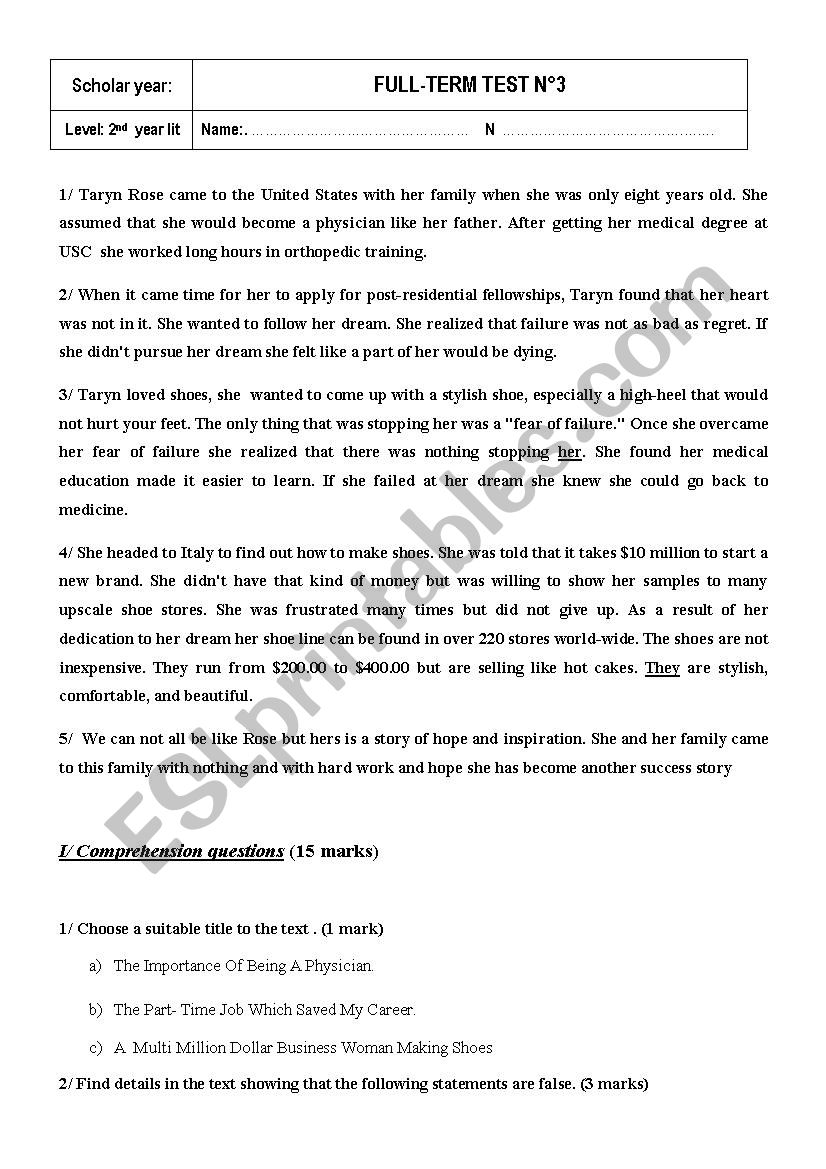  full term test n 3 2nd year  worksheet