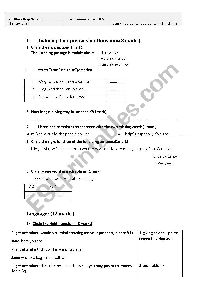 listening passage for the 9 th form prvious test