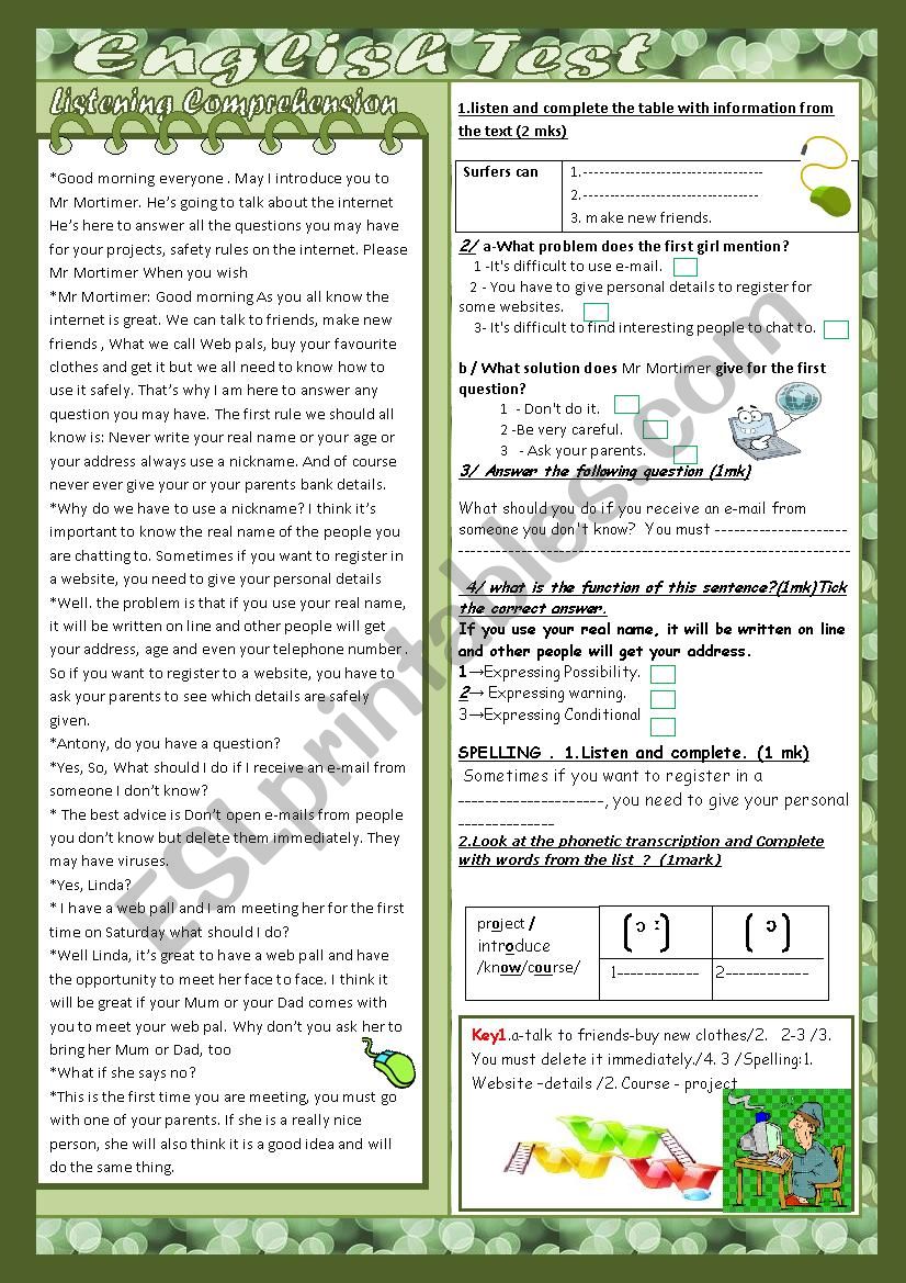 The internet and other Services: Mid Semester2 Test NÂ°1 : 2 parts: Listening + Language(with Key)