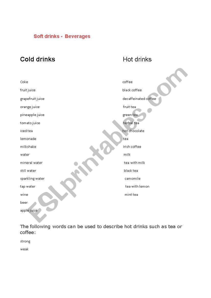 Beverages worksheet