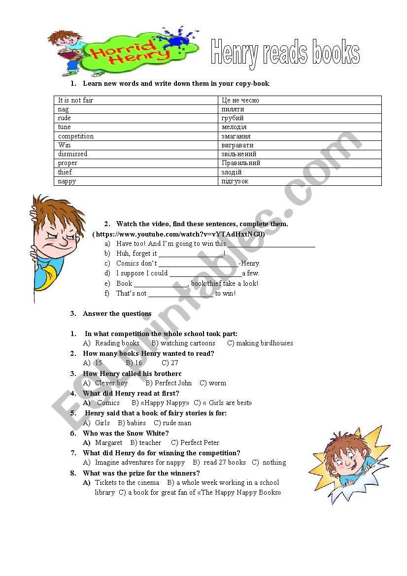 Worksheet for the cartoon Horrid Henry