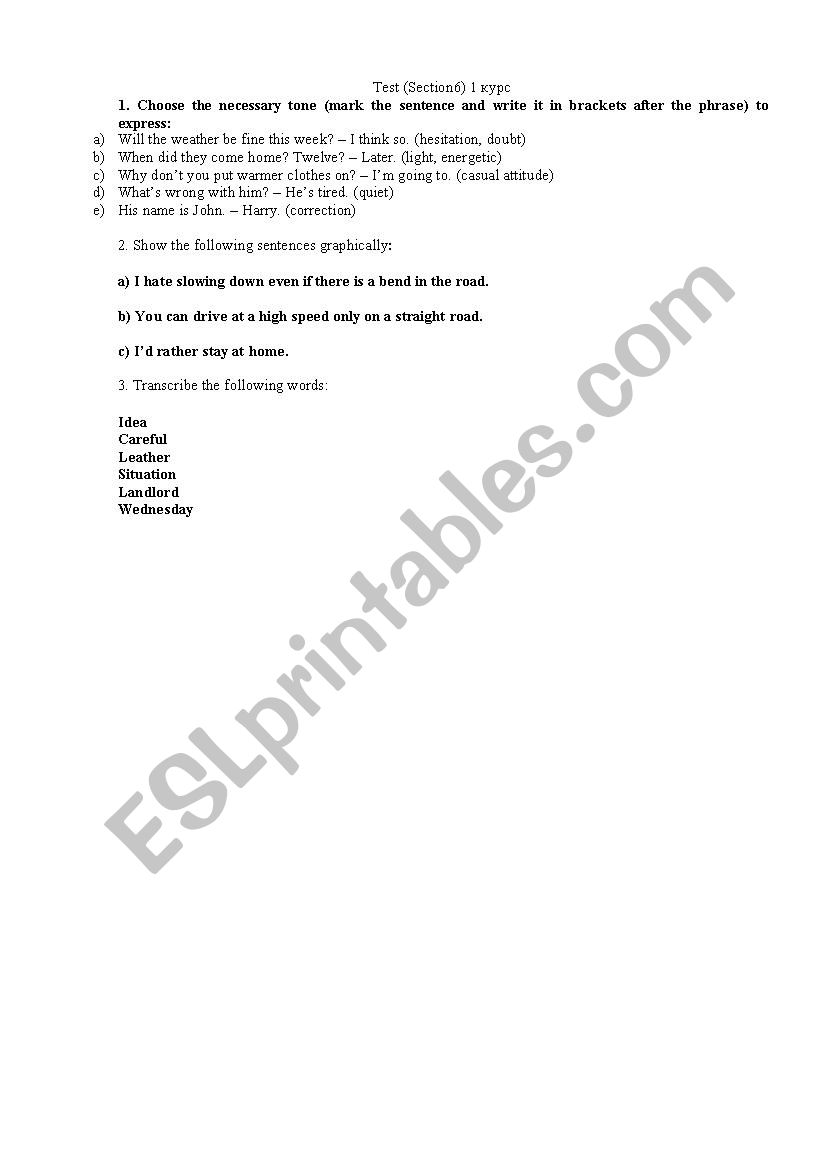 test in Phonetics worksheet