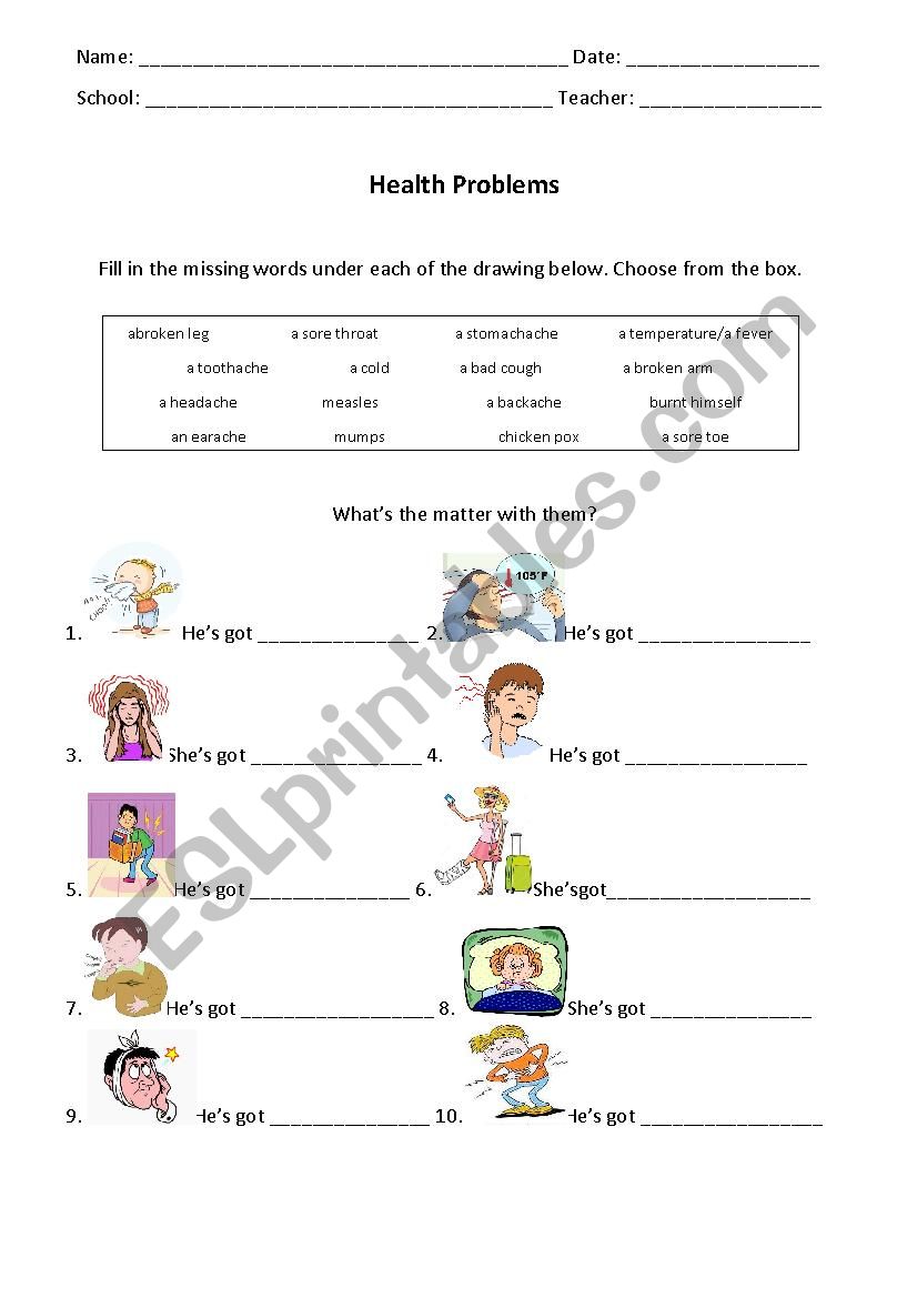 Health Problems worksheet