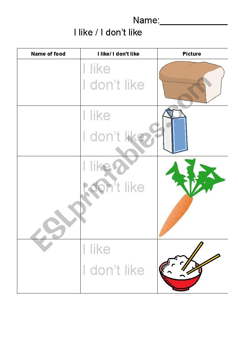 I like I dont like food fill in sheet