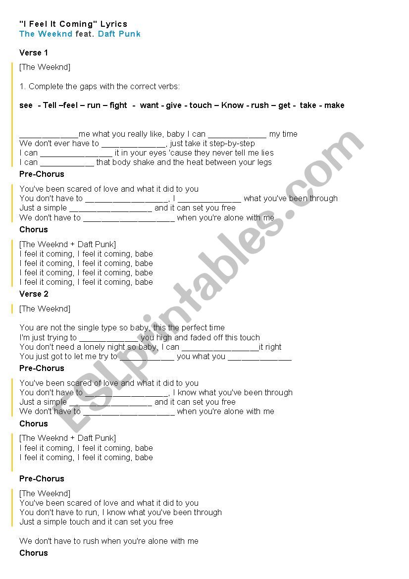 I feel it coming worksheet