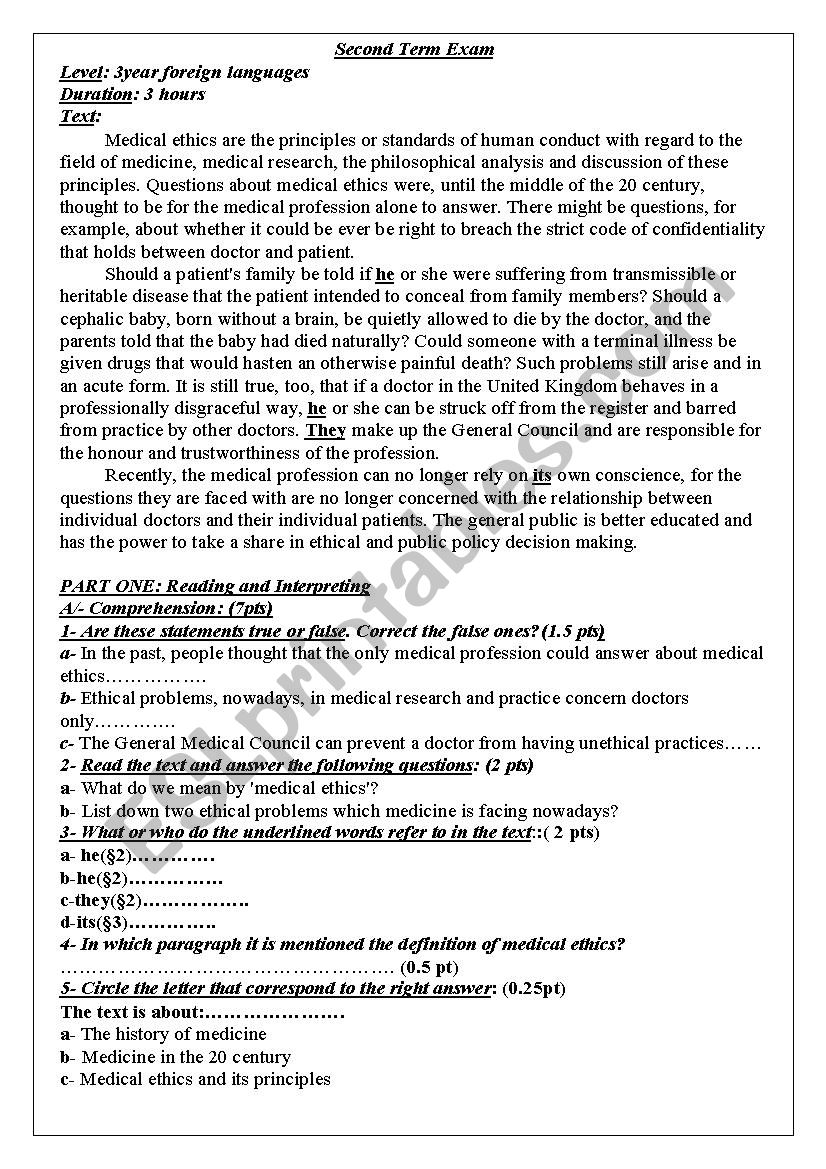 English test for Bac classes worksheet