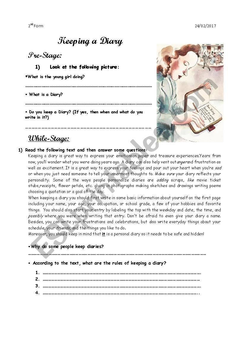 keeping a diary esl worksheet by mariemmh