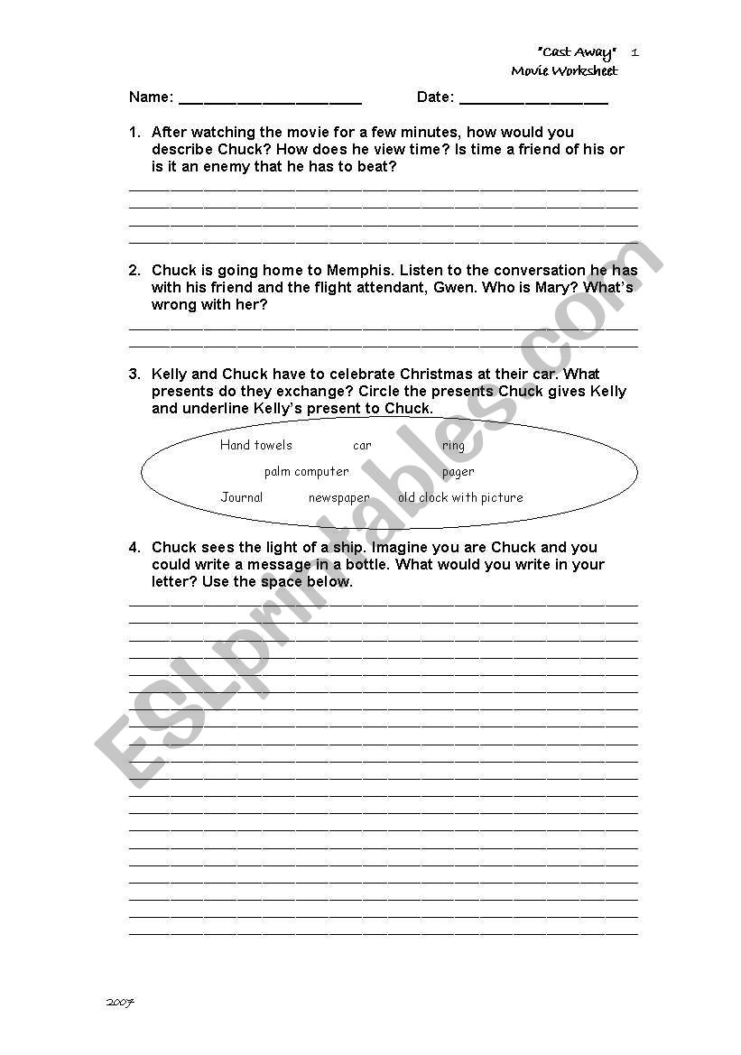 Cast Away - Movie Handout worksheet