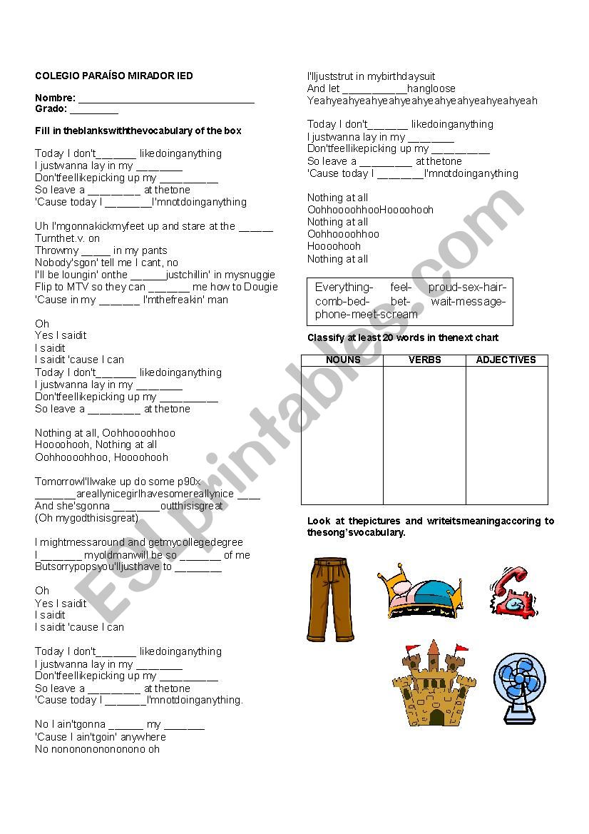 The Lazy song worksheet