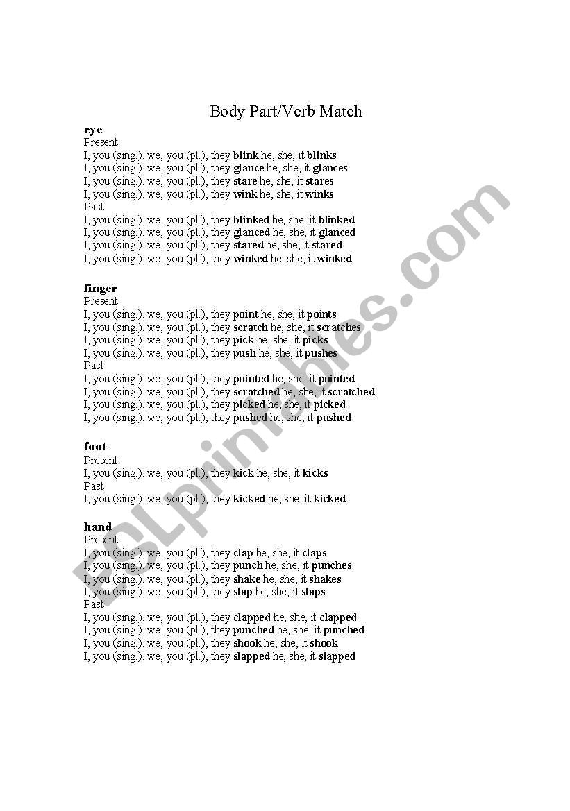 Body part verb match worksheet