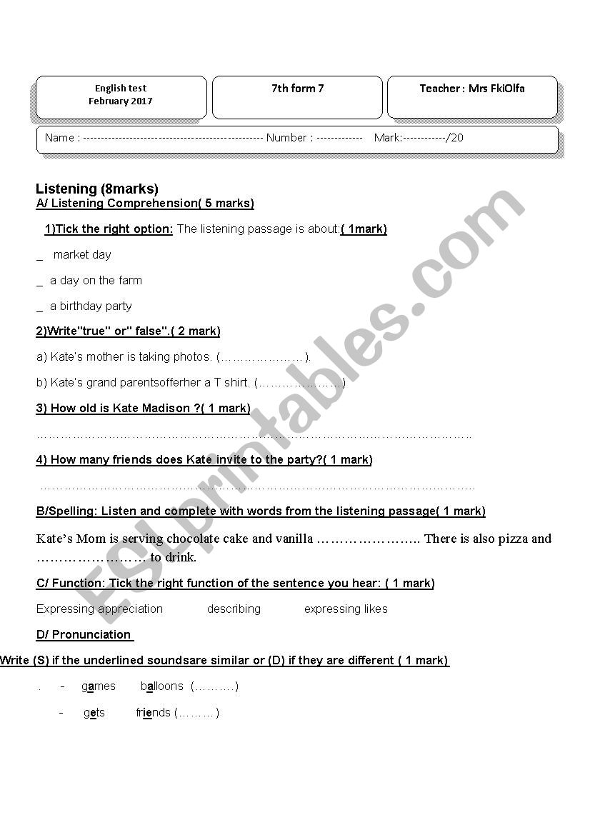 7th form mid semester test worksheet