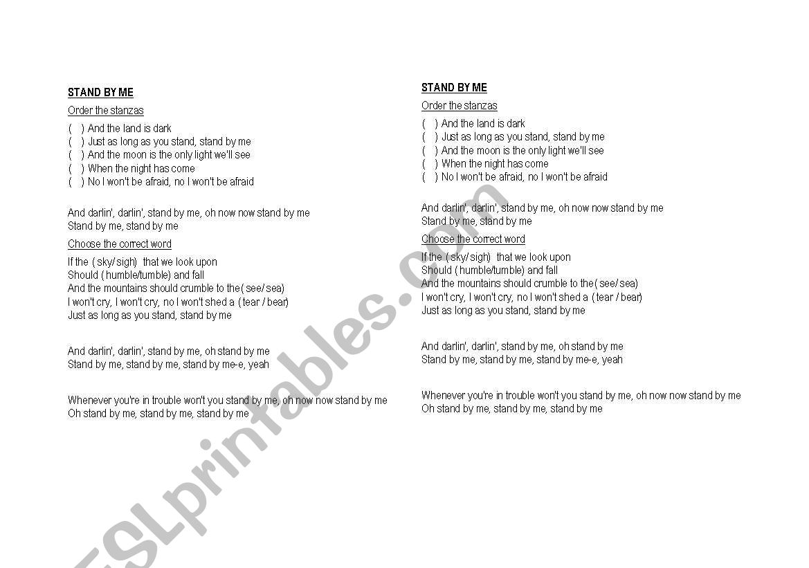 Stand by me - Song handout worksheet
