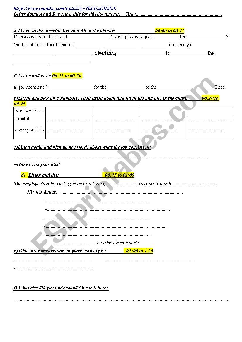 best job in the world worksheet