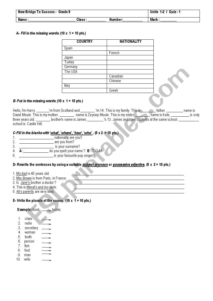quiz for elemetary worksheet