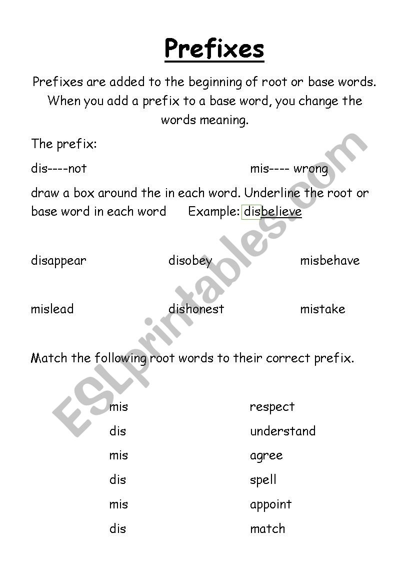 Prefixes dis-  and mis-  worksheet