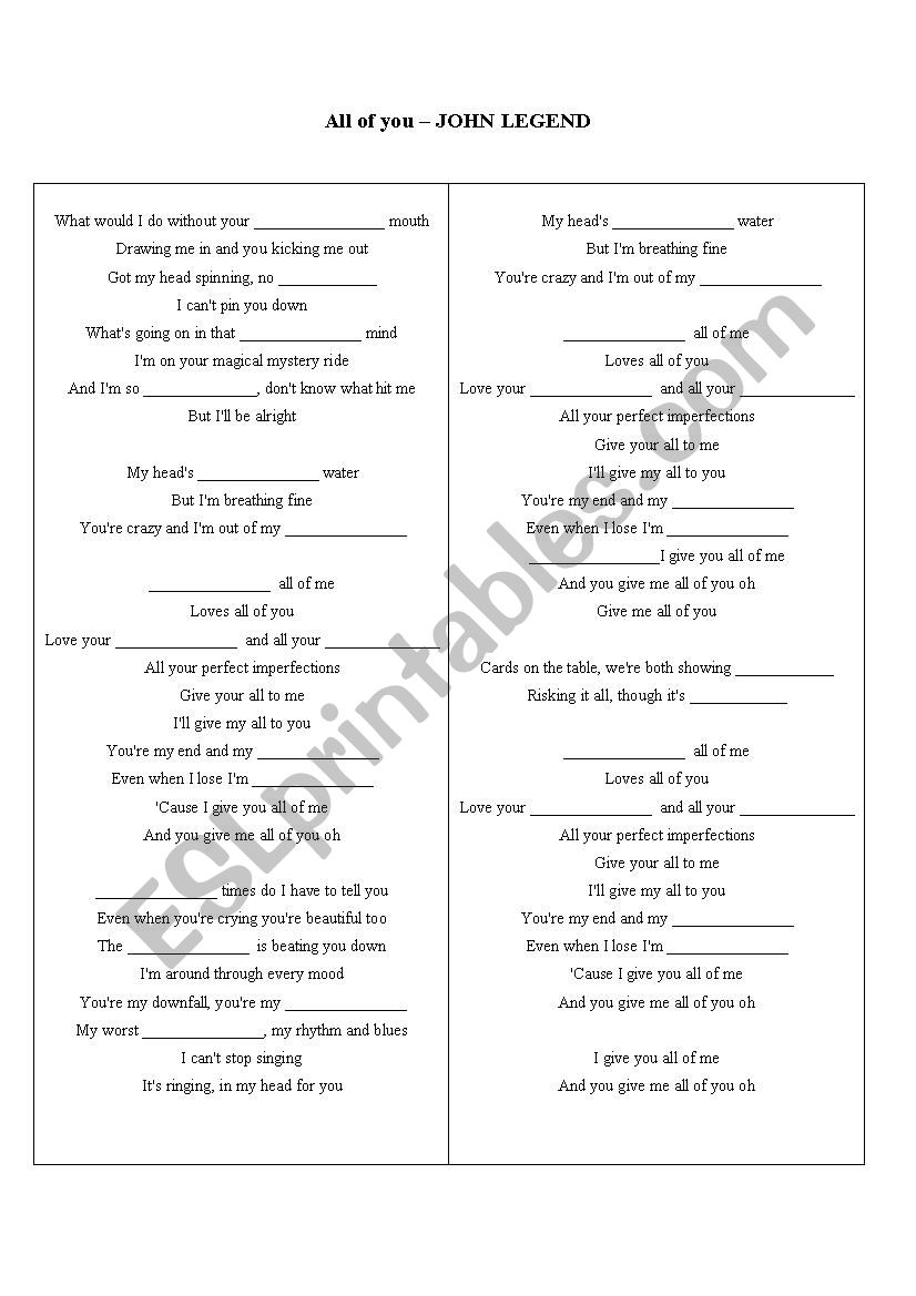 John Legend - All of you worksheet