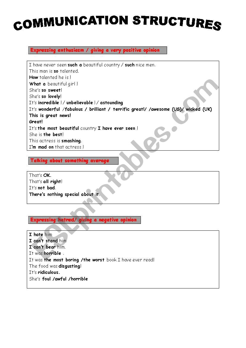 Communication structures: Expressing enthousiasm/ Giving positive /negative opinions 