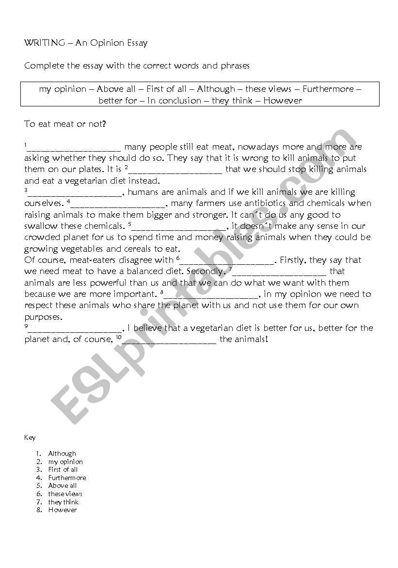 Opinion Essay - Gap filling worksheet