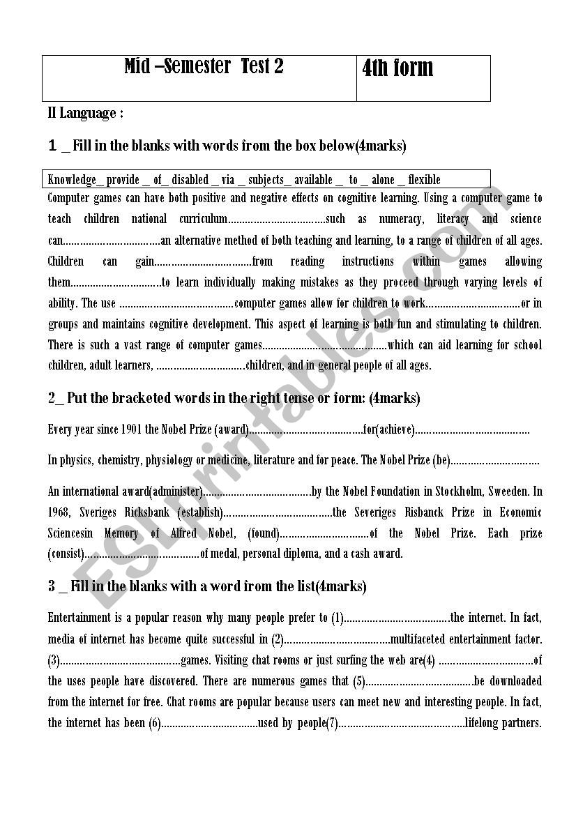 MID SEMESTER 2 TEST 4TH FORM worksheet