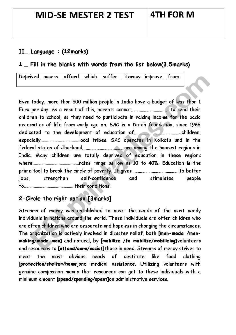 4th form Mid _ Semester 2 test 