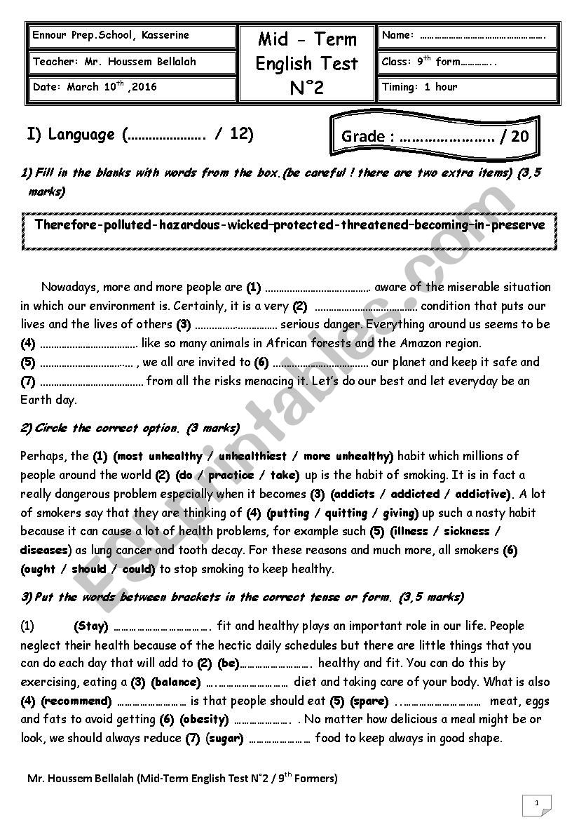 Mid Semester 2 Test N 1 ( 9th form ) ( module 3 ; Pollution & Environment )